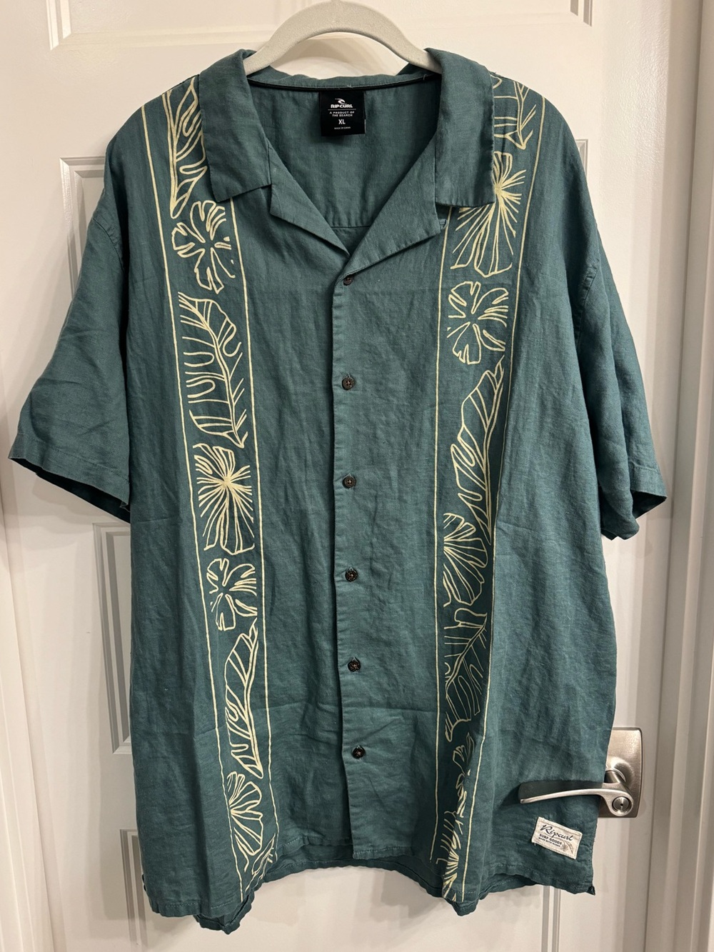 Rip Curl Teal Hawaiian Style Tropics Palm Leaf Button Up T-Shirt- XL